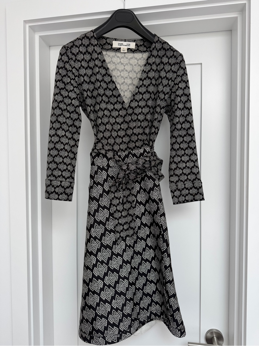 Diane Von Furstenberg Black and White Patterned Wrap Dress
